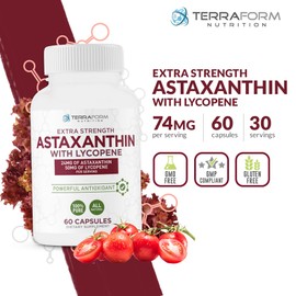 TerraForm Nutrition Astaxanthin Supplement 24mg with Lycopene 50mg – High Dose Dual Spectrum Antioxidant Complex - Natural Astaxanthin from Haematococcus Pluvialis Microalgae - 60 Servings