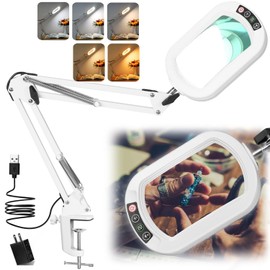 IVMAIE 10X Rectangle Magnifying Glass with Light, 5 Color Modes Stepless Dimmable Magnifier with Stand, LED Lighted Clamp Desk Lamp with Swing Arm, Hands Free for Reading Painting Close Work - White