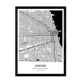 Nacnic Poster with map of Chicago - USA. Sheets US cities with seas and rivers in black color. A4 size