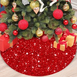 TPCSCH Red Christmas Tree Skirt 60 Inch Sequin Large Xmas Mat Round Glitter Shiny Huge Sparkle for Celebration New Year Winter Holiday