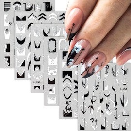 6PCS French Tip Nail Art Stickers Black White French Line Nail Decals Lace Irregular Pattern Nail Stickers Self-Adhesive Curve Lines Design Nail Art Supplies for Women DIY Manicure Decoration