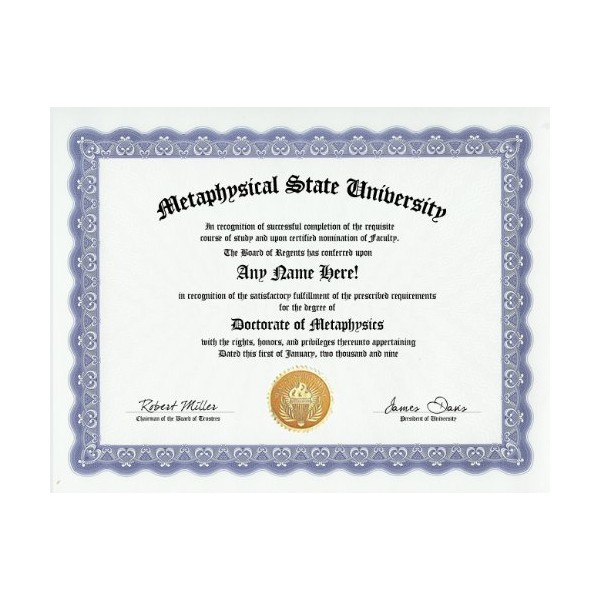 Metaphysical Metaphysics Degree: Custom Gag Diploma Doctorate Certificate (Funny Customized Joke Gift - Novelty Item)