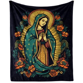CaomeiWu Virgin Mary Throw Blanket, 80" x 60" Flannel Our Lady of Guadalupe Themed Black Throw Blanket, Soft Nap Throw Blanket for Home for Bed Couch Sofa Fiesta-De-Ia-Virgen Catholic Gifts