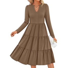 ZESICA Women's Long Sleeve Fall Dresses 2025 Fashion V Neck Casual Loose Ruffle Flowy A Line Tiered Midi Dress,Khaki,Medium