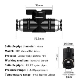 CONNECTION Pack of 6 Pneumatic Ball Valve BUC 6 mm Pneumatic Connector Straight Air Flow Control Valve Shut-off Valve Pneumatic Ball Valve for Connecting Air Hose Nylon Pipes (Black)