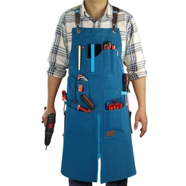 Woodworking Apron, Tool Apron, Canvas, Multiple Pockets, Adjustable Zipper, Metal Ring, Tape Measure Clip, Plus Size, Blue