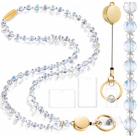 Crystal Flat Round Beaded Lanyard for ID Badges Women - Clear Iridescent Badge Necklace with Card Holder & Breakaway Safety Clasp for Name Tags, Keys, Teacher, Nurse