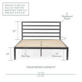 Edenbrook Cassidy Metal Platform Bed Frame with Metal Headboard - Box Spring Not Required - Wood Slat Support, Grey, Full