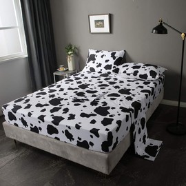 Kid Cartoon Full Bed Sheets Cow Print Sheet Set 4 Pcs Black White Milk Cow Animal Bed Sheets Set + Deep Pocket Fitted Sheets + Cartoon Flat Sheet + Decor 2 Pillow Cases Plaid Grid Toddler Boys Girls