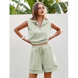Glamaker Women's Two Piece Short Sets Summer Lounge Sweatsuits Air Essentials Sleeveless Outfits Travel Tracksuit, Sage Green, Small