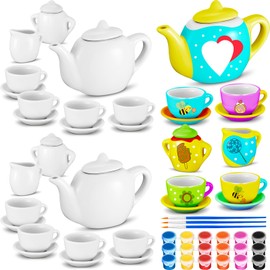 PullCrease 45 Pcs Spring Paint Your Own Tea Kit Craft DIY Tea Kit Mini Ceramic Tea Cups to Paint Including Porcelain Dishes Paint Brush for Party Girls Boys Set(Stylish Style)
