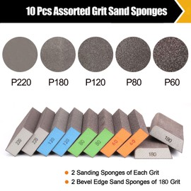 BOSHCRAFT BOSHCRFAT 10 Pack Sanding Block, Washable and Reusable Sanding Sponge for Wood Drywall Metal Glasses Coarse/Medium/Fine/Superfine in 60/80/100/120/180/220 Grit Sandpaper Block Sand Paper Brick