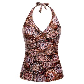 Tempt Me Women’s Tankini Top Halter Tummy Control Swim Tops Only Twist Front V Neck Bathing Suit No Bottom, Mandala, Large