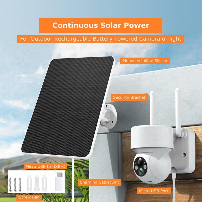 Solar Panel for Security Camera,6W Solar Panel Micro USB&USB-C,Camera Solar