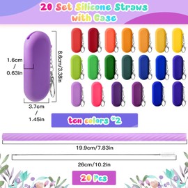 Irenare 20 Sets Silicone Straws with Case Reusable Collapsible Foldable Travel Portable Straw Cold or Hot Drinking with Carry Case, Long Cleaning Brush and Keychain (Rainbow)