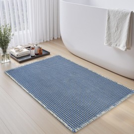 Premium Waffle Bath Mat, Super Absorbent Non Slip Bath Mats for Bathroom Floor Two-Color Woven Bathroom Mat Machine Washable Bathroom Rugs with Tassels, Beside Tub Bath Rugs, Blue & Cream, 17'' × 24''