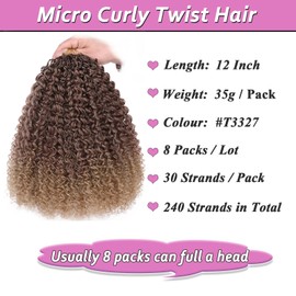 Samtress 8 Packs Micro Twist Kinky Curly Crochet Hair Extensions 12 Inch Pre Looped Micro Curly Twist Crochet Hair Wavy Beach Curly Crochet Hair Synthetic for Black Women (#T3327)