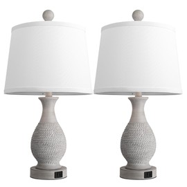 PARTPHONER Traditional Table Lamps Set of 2, Bedside Touch Lamp with USB C+A Charging Ports, Rustic Farmhouse Table Lamps for Living Room Bedroom, Side Table Lamp with White Fabric Shade, Antique Grey