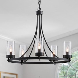 WUZUPS 5-Light Wagon Wheel Chandelier Rustic Farmhouse Industrial Round Pendant Light Fixture with Clear Seeded Glass Shades for Dining Room Kitchen Island, H 20.5" x W 26.2", E12 Base, Black