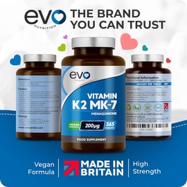EVO NUTRITION Vitamin K2 MK-7 200mcg | 365 Vegetarian and Vegan Tablets (not Capsules) | 1-A-Day | Supports Maintenance of Normal Bones | One Years Supply of High Strength Vitamin K2 Menaquinone MK7