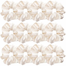 12 Pcs Satin Silk Scrunchies, Hair Ties, Hair Bands, Bow Ropes, Elastic Bracelets, Ponytail Holders, Hair Accessories for Women and Girls (4.5 Inch, Pearl White)