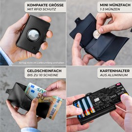 PURISTO KLIK Slim Wallet with Coin Compartment Men's - Leather Money Clip Mini Wallet Men's Small with Coin Compartment, RFID Blocker - Leather Card Case, black, AirTag mini coin compartment - 8 cards