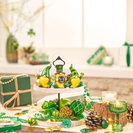 Valery Madelyn St Patricks Day Gnome Figurines, Set of 3 Irish Leprechaun Decor with Shamrocks, Gold Pot, Beer Mug, Large Green Yellow Resin St Patricks Gifts for Table Tiered Tray Decor, 3.5 Inch