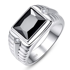 Bonlavie Sterling Silver Signet Rings for Men Promise Rings for Him Emerald Cut 8 * 10mm Created Black Onyx Birthstone Eternity Wedding Bands Size V 1/2