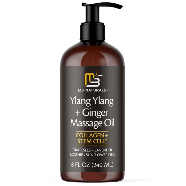Ylang Ylang + Ginger Massage Oil for Massage Therapy and Manipulation Therapy | Collagen and Stem Cell Anti Cellulite Body Oil for Lymphatic Massage and Sore Muscles Skincare by M3 Naturals