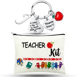 MTLEE Teacher Appreciation Gift for Women Teacher Kit Gift with Teacher Makeup Pouch Cosmetic Bag Thank You Teacher Keychain with Initial for Teacher Week and Graduation Gifts(J Shape)