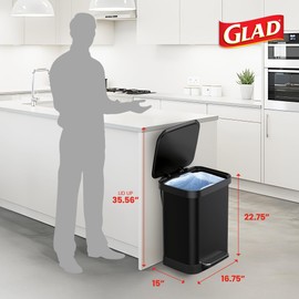 Glad Stainless Steel Step Trash Can, Series 2 with Clorox Protection - Large Black Kitchen Garbage Bin with Soft Close Lid, Foot Pedal and Waste Bag Roll Holder, 13 Gallon