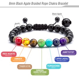 Hamoery Men Women 8mm Lava Rock Chakra Beads Bracelet Braided Rope Stone Agate Bracelet Bangle (Black agate)