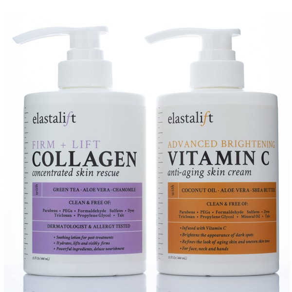 Elastalift Collagen Body Cream & Vitamin C Brightening Lotion Set, Anti-Aging Moisturizer for Face & Body, Wrinkle Control, 2-Pack