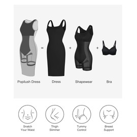 Popilush Shapewear Dress Workwear Built in Shapewear Dress Square Neck Sleeveless Dress 3D HIPS Offer Black