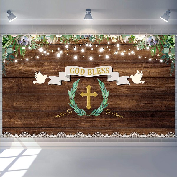 6.1 x 3.6 ft God Bless Baptism Backdrop First Holy Communion Party Decorations Christening Newborn Baby Shower Rustic Wood Ribbon Photography Background