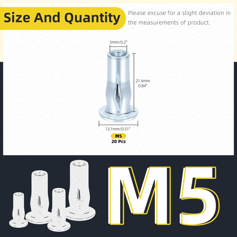 Mardatt 20Pcs M5 Multi-Grip Rivet Nuts, Zinc-Plated Pre-Bulbed Shank Flat