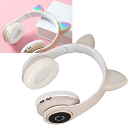 Bluetooth Cat Ear Headphones, Cute Cat Ear Wireless Bluetooth Headphones with LED Light, Children's Headphones for School/Travel (Khaki)