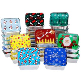 40Pcs Christmas Aluminum Pans With Lids,8 Holiday Designs,Foil Pans for Gift Giving Rectangular Treat Foil Containers Cookie Tins for Holiday Leftovers or Cookie Exchange,7.3"l X 5.1"w X 2"d