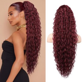 SEIKEA Ponytail Extension, 32" Long Lightweight Full Natural Curly Drawstring Ponytail Fake Pony Tail Multi Layered Soft Clip in Hair Extensions Synthetic Hairpiece Burgundy