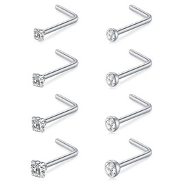 MODRSA Nose Studs for Women Men Silver Nose Ring Studs 18 gauge L Shaped Nose Screw Stainless Steel Diamond Nostril Piercing Stud