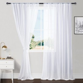 Hiasan White Sheer Curtains for Bedroom with Tiebacks, Rod Pocket Light Filtering Extra Wide Voile Window Curtains for Living Room, Kids' Room and Nursery, W60 x L96, Set of 2 Soft Drape Panels