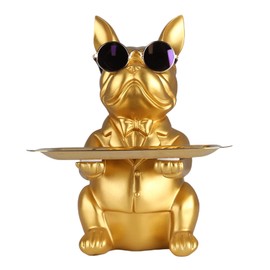 QIANLING Modern Decor Resin Bulldog Tray Statue Tray Storage Key Holder Candy Jewelry Earrings Tray Suitable for Home Decor Modern Art Dining Table Decor Office Small Object Tray (Golden Yellow)