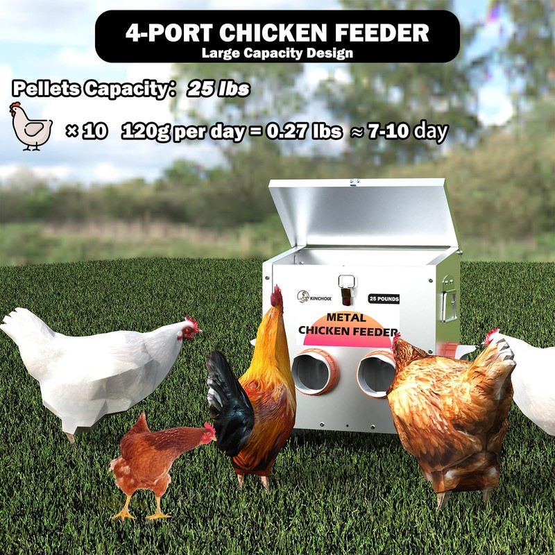 Kinchoix Metal Chicken Feeder Large Capacity 25lbs Automatic Metal Chicken
