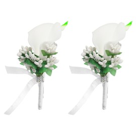 PATIKIL Calla Lily Boutonnieres for Men, 2 Pack Handmade Groom Groomsmen Boutonnieres Corsages with Pins for Wedding Ceremony Anniversary Party Prom, White