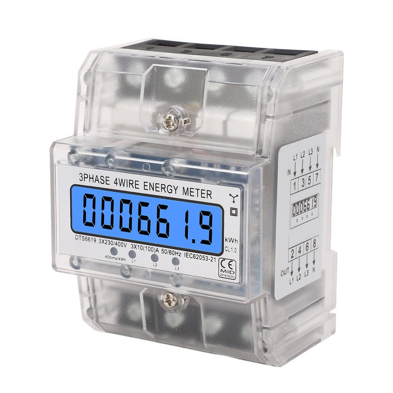Energy Meter 3 Phase 4 Wire Backlit LCD Display DIN