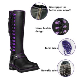 GARGOYLE BELLS Women's Knee High Motorcycle Boots, Dream Apparel Low Heel Mid Calf Boots for Ladies with Full Size Zipper, Classic Harness Design Boots for Riding