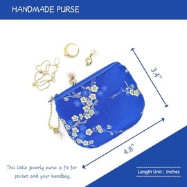 Monedero hecho a mano para mujer, bolsa de rosario de brocado, bolsa de joyería de seda, cartera con cremallera, Azul, Patrón de flor de ciruelo