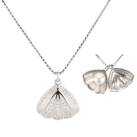 Schöner Schmuck-Design Shell Pendant and Necklace 925 Silver Rhodium Plated Shell Hinged with Freshwater Pearl Inside, Silver, Pearl