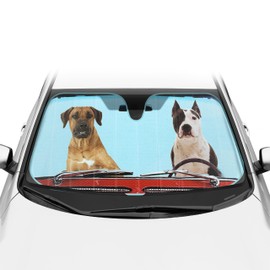 BDK 2 Dogs Driving Folding Car Windshield Sun Shade with 2 Side Car Window Shades for Baby - Cute Jumbo Sunshade for Car to Protect Interior & Keep Your Vehicle Cool 58" x 27"