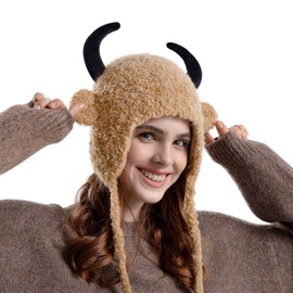 Winter Warm Plush Ear Hat Cute Devil Horns Beanie Cap Thermal Fleece Windproof Hood Earflap Ski Cycling Hat for Women Girls Camel